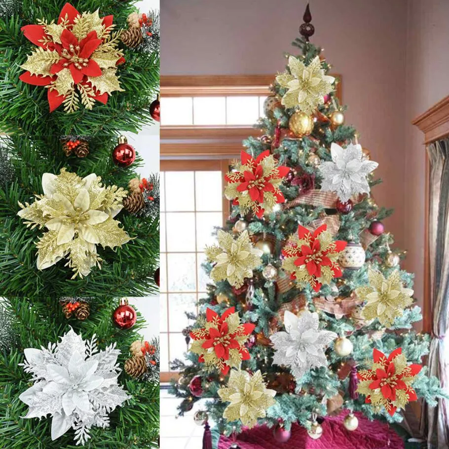 بريق زهور فنية بريق ديكورات شجرة عيد الميلاد للمنزل الزهور المزيفة الزهور عيد الميلاد الحلي العام الجديد ديكور الهدايا 4 ألوان