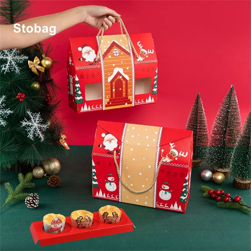 GREST STOBAG 12PCS REDRO CASO DE CASO DE NATAL PABILIZAￇￃO Kraft Box With Handle Santa Cake Bolo Kids Holdy Year Ano Favors 220913