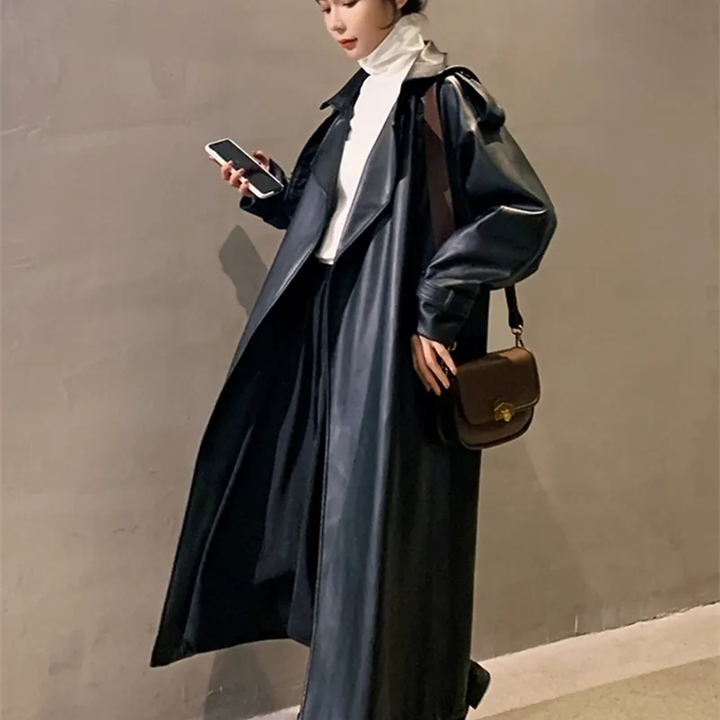 Women's Leather Faux Nerazzurri Spring Black Oversized Long Waterproof Trench Coat for Women Sleeve Loose Korean Fashion Clothing 220913