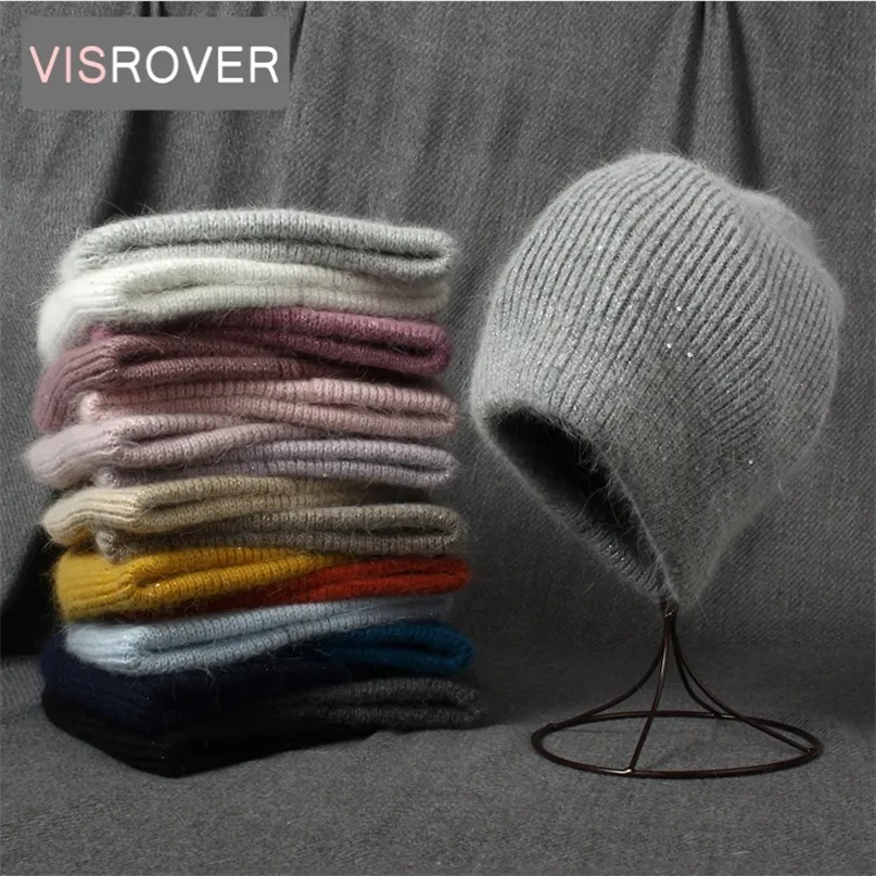 Beanieskull Caps Visrover Rabbit Cashmere Unisex Woman Winter Hat with Lurex Sequin autumn Beanies Warm Fur 220913