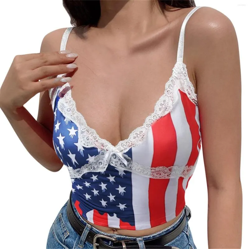 Women's Tanks Sleeveless Crop Tops Women Tank Top Sexy Camis Deep V Neck Lace Vest Clubwear Streetwear Independence Day Camisole Fashion