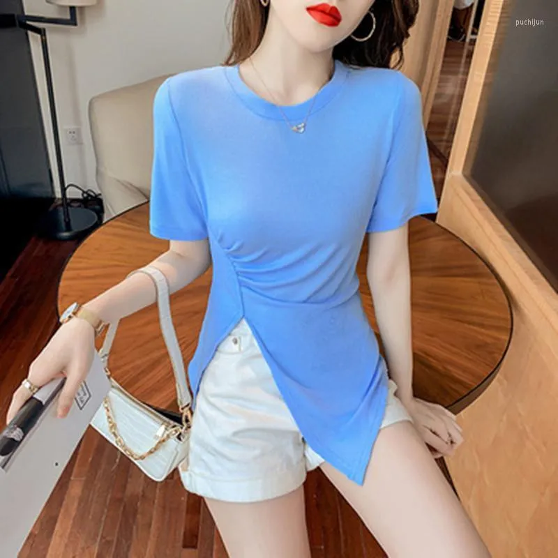 Kvinnors T-skjortor Kvinnor T-shirt Summer Korean Kläder Bomull Fashion Fast Elastic Sexig Split Asymmetrical Drape Women Tops Bottoming