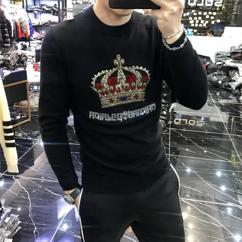 Camisola masculina pullovers masculino o pescoço lanoso topos coroa quente strass preto outono inverno novo masculino tricô roupas S-3xl