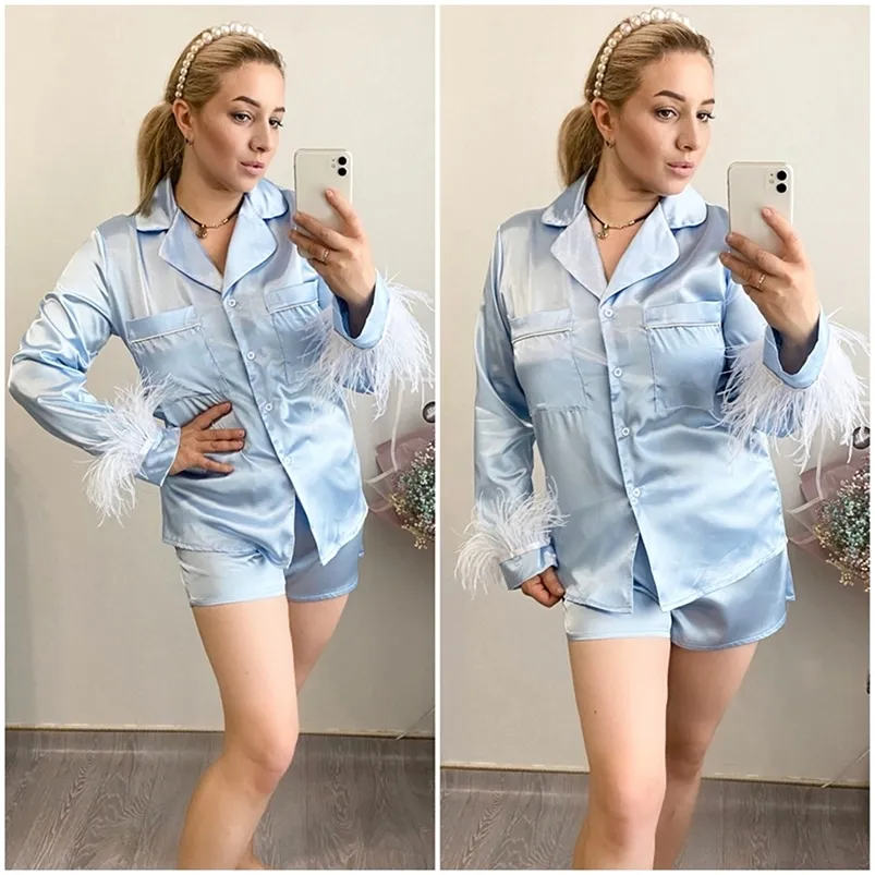 Women's Sleepwear Hiloc Feather Full Sleeve Women Pajama Sets Suits With Shorts Pocket Sleepwear Turn Down Collar Nightwear Single Breasted Pijama 220913