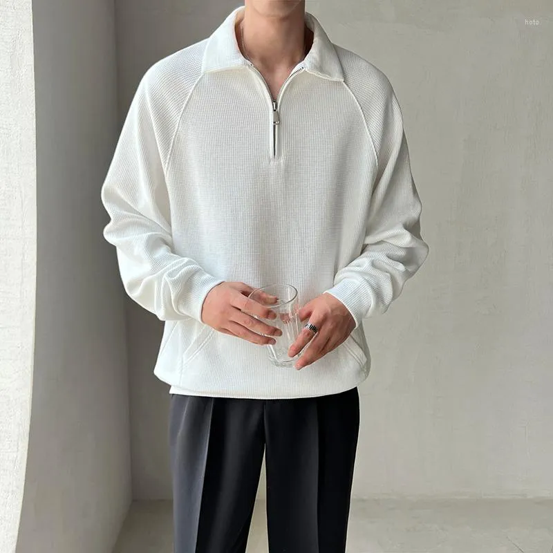 Heren Hoodies Men Wafle Plaid Zipper Rapel Pullover Sweatshirt Male Vintage Fashion Loose Casual Business Tops