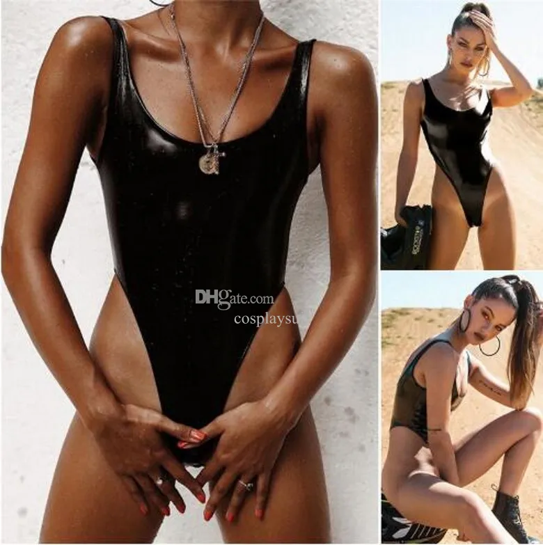 Costumi da donna sexy Catsuit Fasciatura Bikini effetto bagnato One Piece finta pelle PVC gamba alta Costumi da bagno Costume da bagno elegante Monokini Costume da bagno