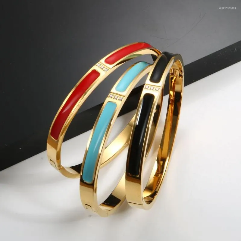 Bangle Fashion Enamel Bangles Bracelets Stainless Steel CZ Crystal Golden With Black Red Blue Colorful For Women Luxury Jewelry
