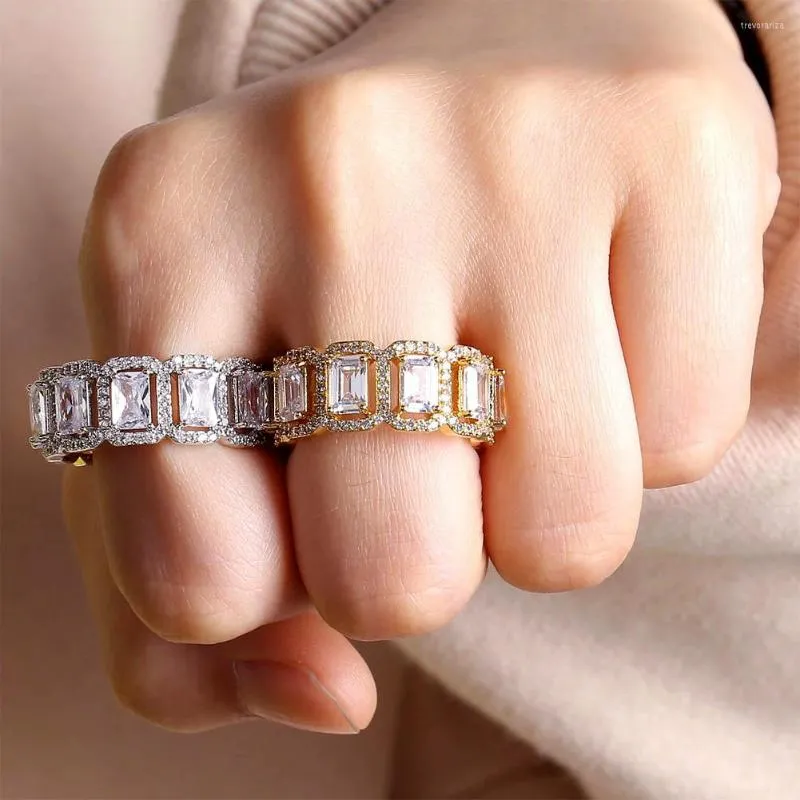 Bröllopsringar 10mm fyrkantig diamant isad ut kubik zirkoniummikropastor hiphop modeengagemang evighet band ring för män kvinnor