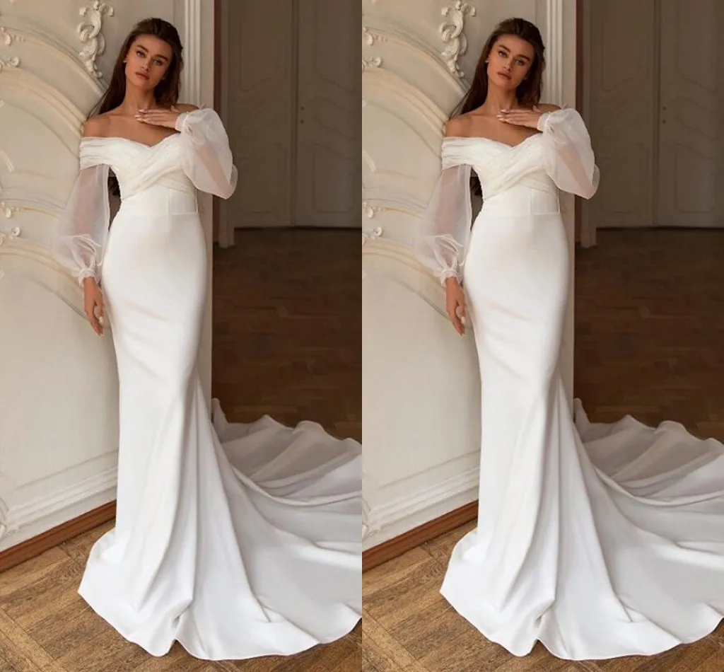 Abito da sposa sexy a sirena taglie forti con spalle scoperte maniche lunghe scollo a V senza schienale abito da sposa in organza con strascico in raso realizzato su misura