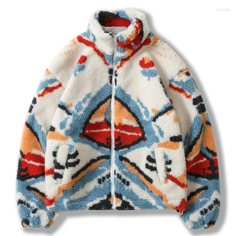 Jackets masculinos masculinos masculinos Harajuku Lambswool Zipper Jacket Casaco Streetwear Abstract Pattern Windbreaker Winter acolchoado algodão