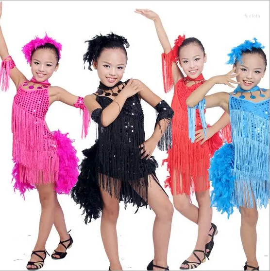 ステージウェアディスカウントフェザースパンコールフリンジダンスウェアラテンダンスドレス販売用子供の子供ドレスガール