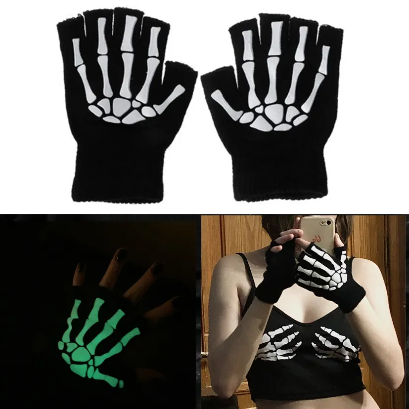Varma stickhandskar för vuxen solid akryl halvfinger handskar mänskligt skelett huvud gripare tryck cykla icke-slip handskar handskar fy5602 913