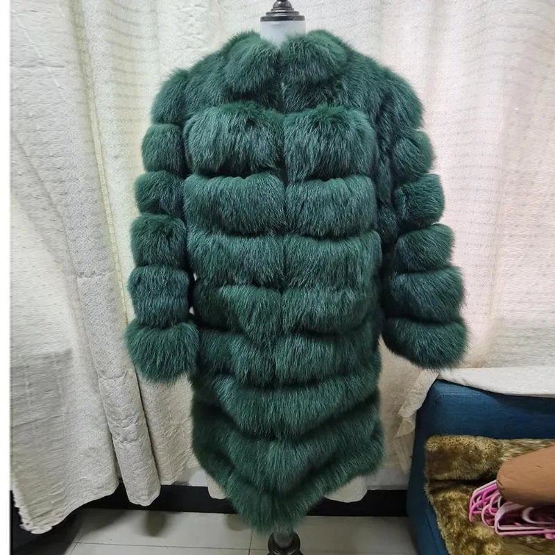 Women's Fur Stock Dark Green Removable Natural Real Coats For Women Winter Genuine Collar Long Jacket