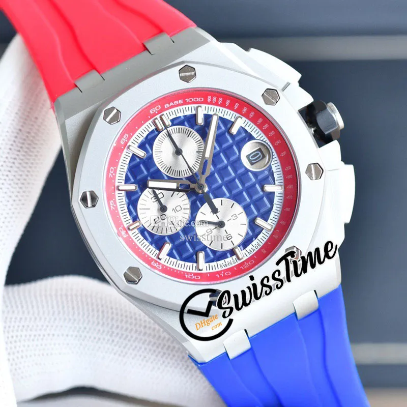 Oak 44 Miyota Quartz Chronograph Mens Watch Steel Case Blue Silver Texture Dial Stick Markers Red Rubber Strap 2022 9 Styles Stopwatch Watches Swisstime E5