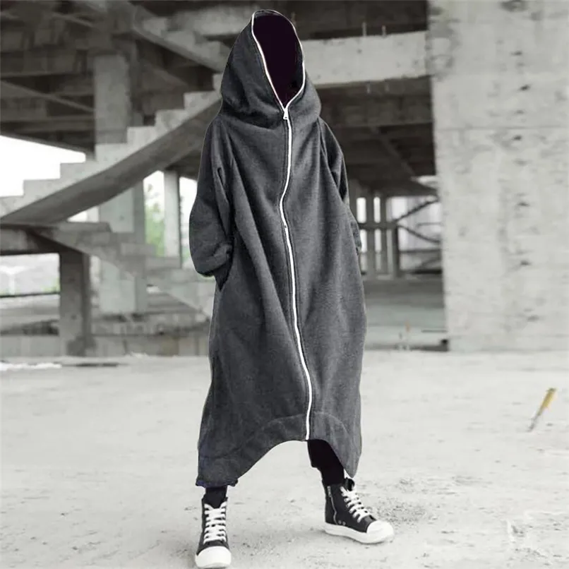 Men's Hoodies Sweatshirts Zipper Long Hooded Solid Color Personality Dark Style Full Body Winter Warm Male Hip Hop Jacket Plus Size 5xl 220913