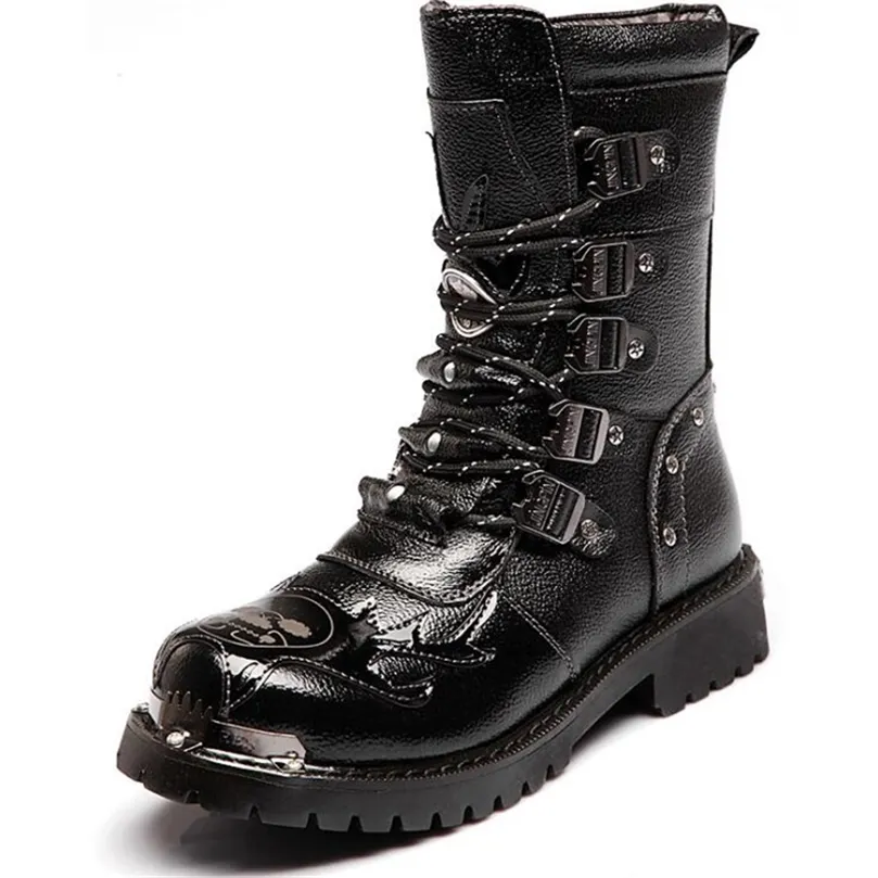 Laarzen heren metaal gotische midcalf punk retro lederen motorfiets mannelijke schoenenarmy mannen militaire cowboy sneeuw 220913