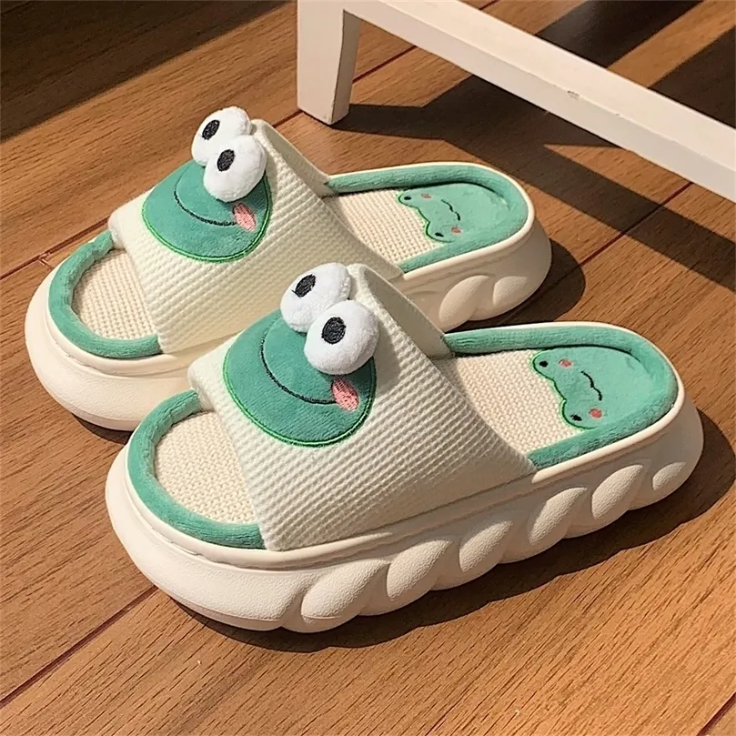 Pantoufles Dessin animé mignon grenouille lin pantoufles pour femmes fond épais maison chaussures coton lin Couple intérieur pantoufles drôle mâle maison diapositives 220913