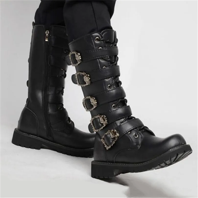 Laarzen heren lederen motorfiets middencalf militaire gevecht gotische riem punk heren schoenen tactische leger laars 220913