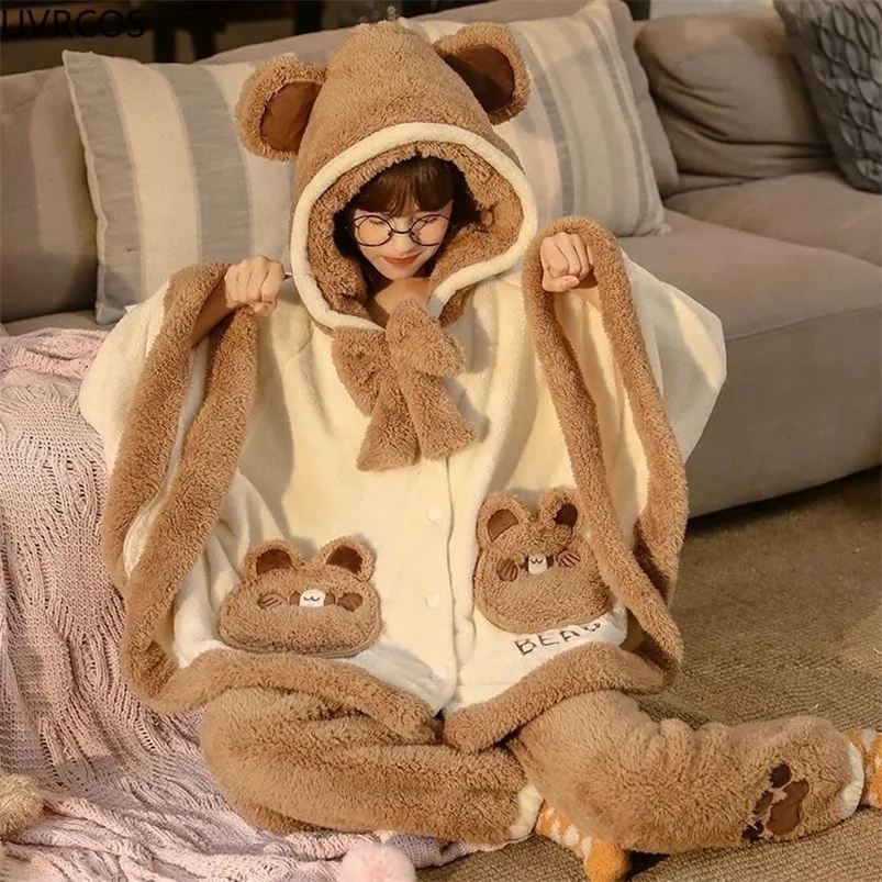 Damska odzież snu Japonia urocza lolita piżama zestawy dziewcząt słodkie niedźwiedzie ucho z kapturem koralowe polarowe płaszcz do snu Kobiety zima kawaii ubrania domowe piżamę 220913