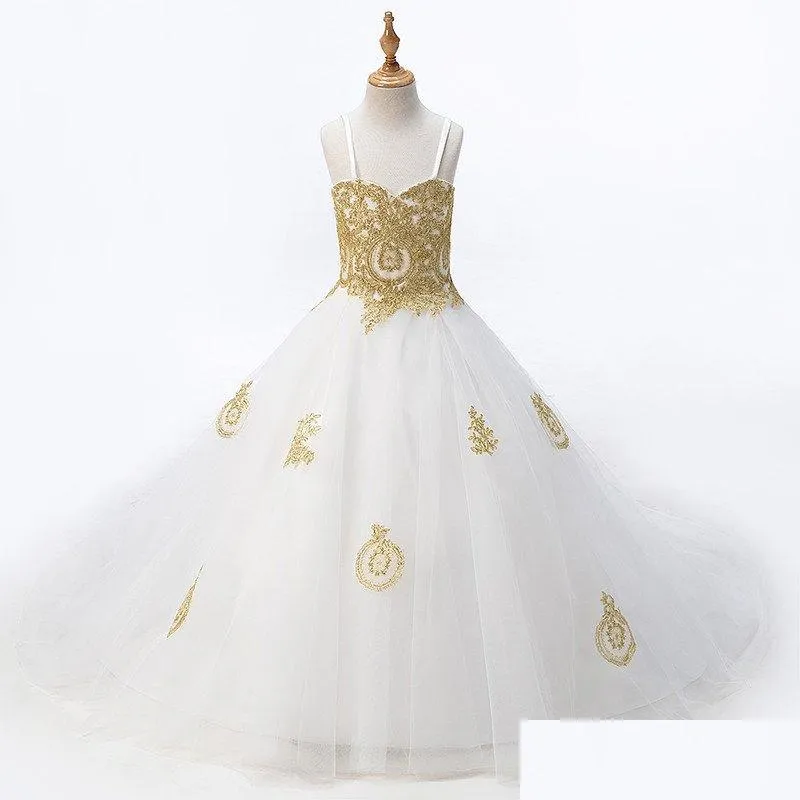 Платья для девочек цветов 2022 модные белые с золотыми кружевными цветочными девочками платья принцесса дизайнер для свадебных детей tle ruched spaghetti dh2za