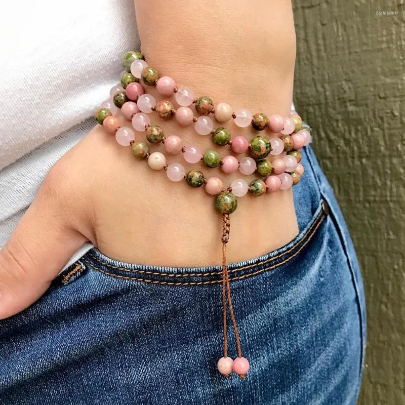 Braccialetti a maglie MG1479 Quarzo rosa 108 Mala Collana annodata Donna 6 mm Unakite Jasaper Rodonite Meditazione Gioielli buddisti