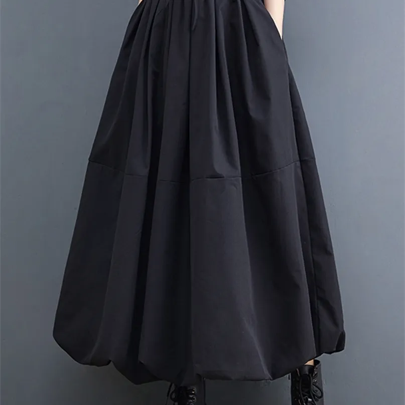 Skirts Black Vintage High Waist Pleated Skirt Women Plus Size Fashion Drawstring Loose Casual Midi Clothes Autumn Winter 220913