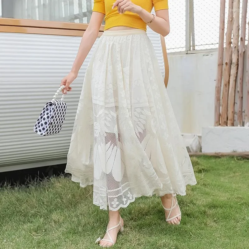 Skirts White Tulle Women Pleated Jupe Longue Flower Lace Summer 2022 Elegant Female Elastic High Waist Mesh Midi Skirt