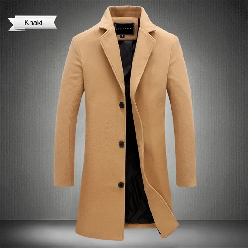 Men's Wool Blends Men Long Cotton Coat Autumn Winter Blend Pure Color Casual Business Fashion Clothing Slim Windbreaker Jacket 220913
