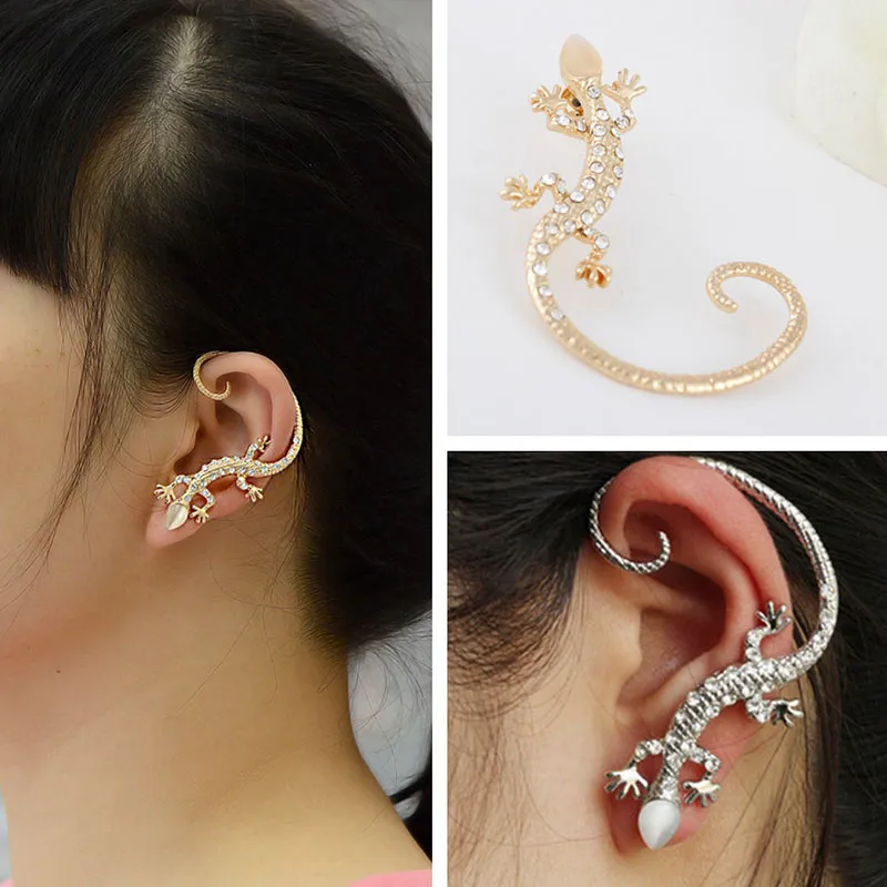 Punk Style Lizard Gecko Earring Cuff Ear Wrap Gold Silver Plated Austrian Crystal Ear Hook Clip for Women M￤n Trevlig smyckespresent