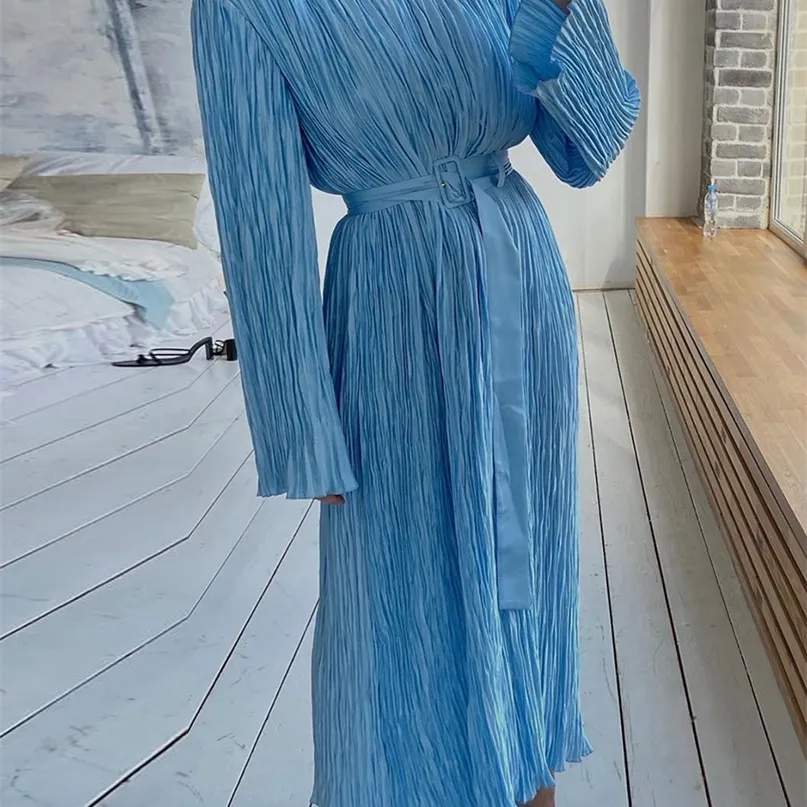 Robes décontractées TTQV lâche bleu Midi dames mode à manches longues bureau printemps Vintage froncé élégant pour les femmes 220913