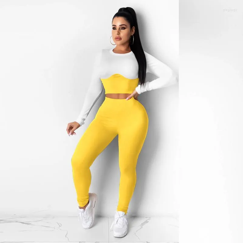 Women's Two Piece Pants Women's Active Wear Women Fitness Matching Sets Casual Color Block Long Sleeve Bandage Crop Top And Stretchy