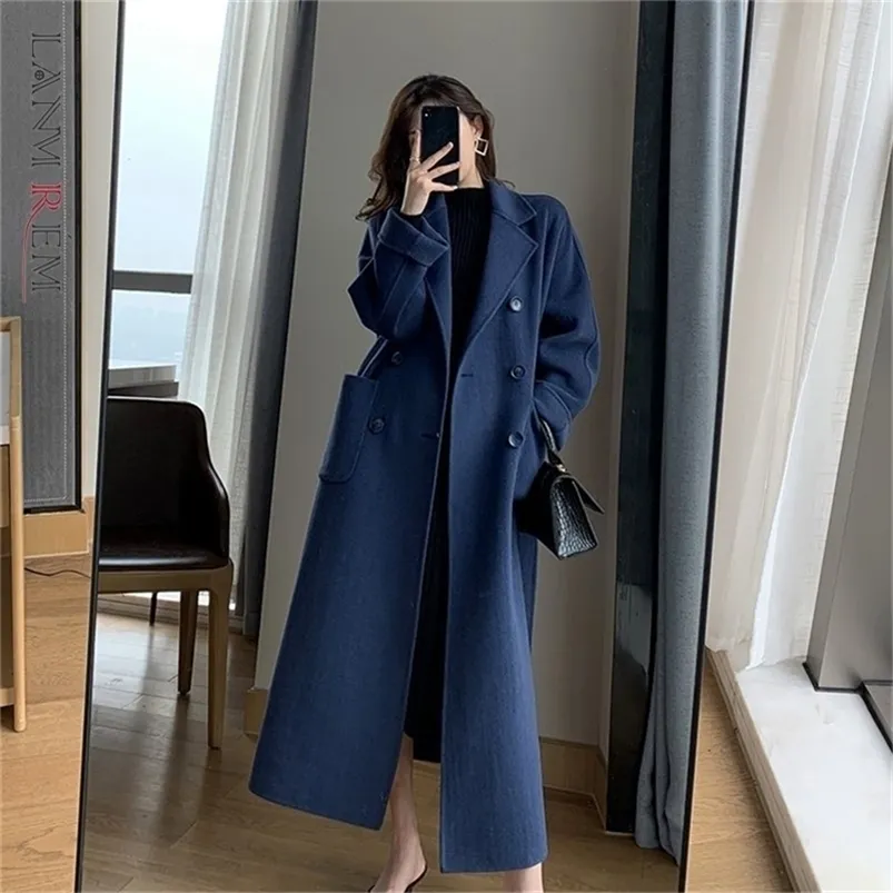 Women's Wool Blends LANMREM Autumn Winter Women Woolen Coat Warm Long Length Double Breasted Navy Blue Coats Female Elegant Outerwear 2C533 220912