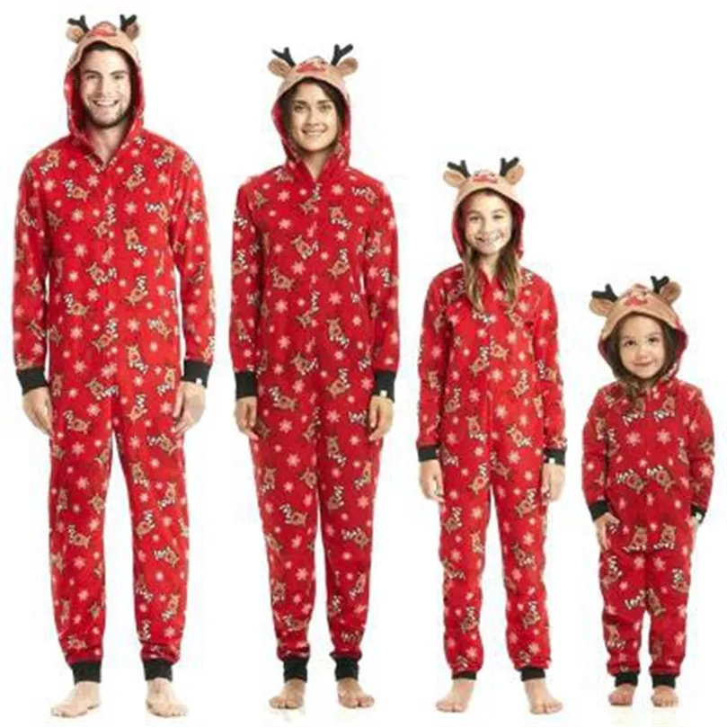 Family Matching Outfits Christmas Family Matching Pajamas Set Elk Ear Hooded Rompers Adult Kids Baby Clothing Sets Jumpsuit Overall Family Look 220913