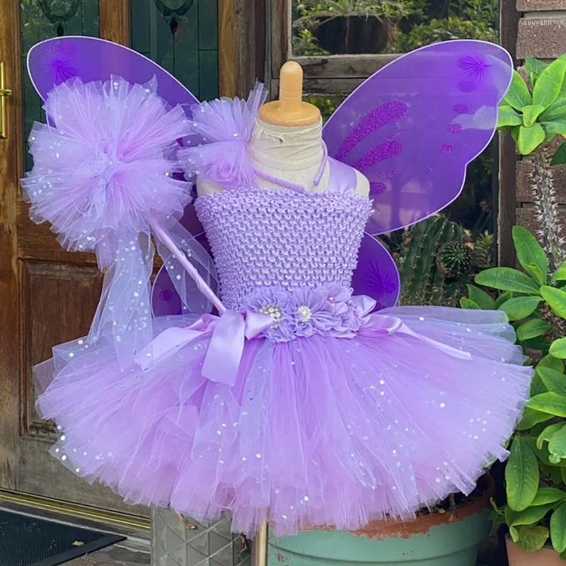 Vestidos de menina meninas vestido de fada roxa de borboleta bebê glitter tule tutus flor com asa e pente de cabelo figurino de festa lantejoulas lantejoulas