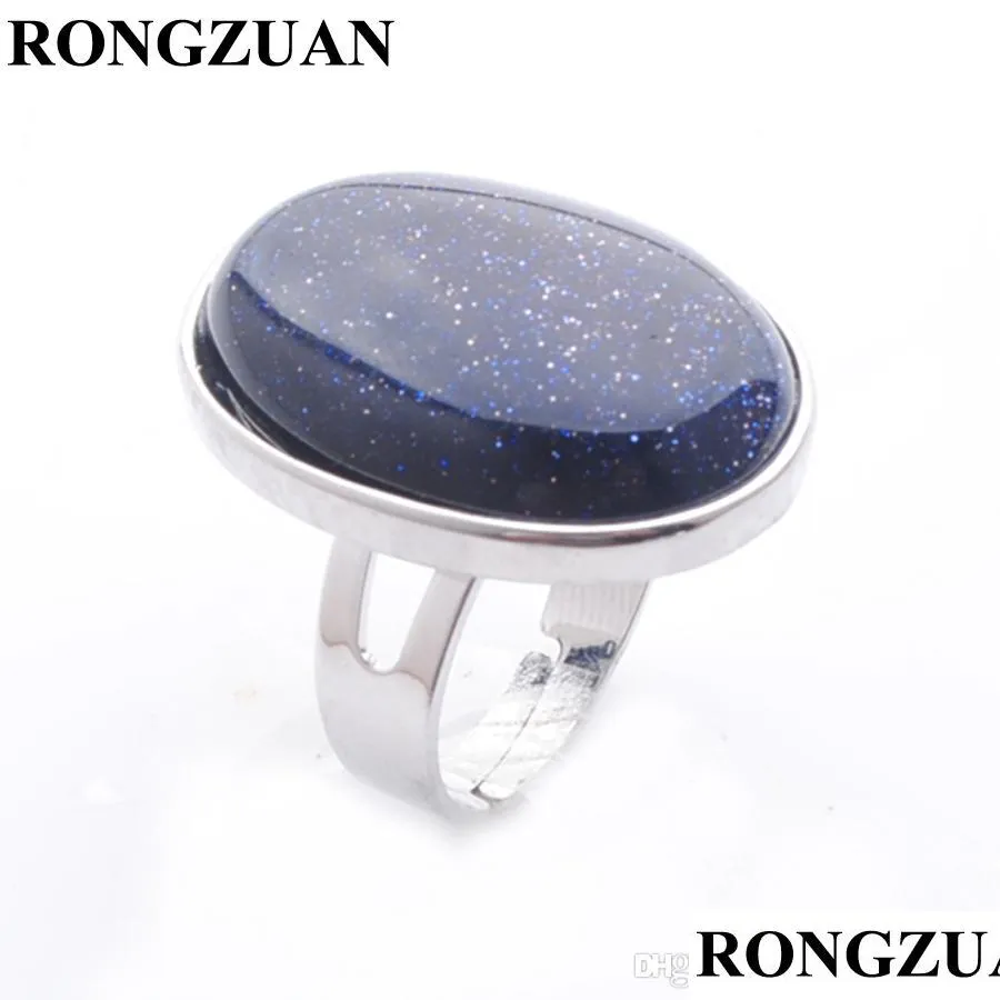 Solitaire Ring Blue Sand Natural Stone Oval Cabochon Bead Justerbar fingerring för män Kvinnor Party Rings Fashion Jewelr Carshop2006 Dhezu