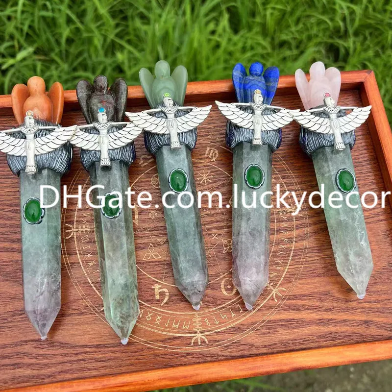 Manifestação VALA DOMENTE/ESCRITÓRIO decoração do guardião artesanal Anjo Gemito Pedras de cura Magic Staff Natural Fluorite Point Tower Fairy Wicca Wizard Wand cetro