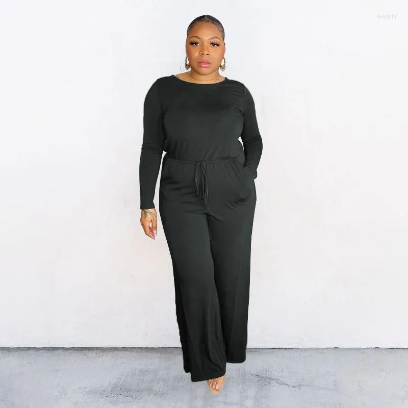 Byxor zjfzml zz kvinnor kläder jumpsuit plus size casual o-hals långärmad hög midja dragsko lös romper dropp grossist