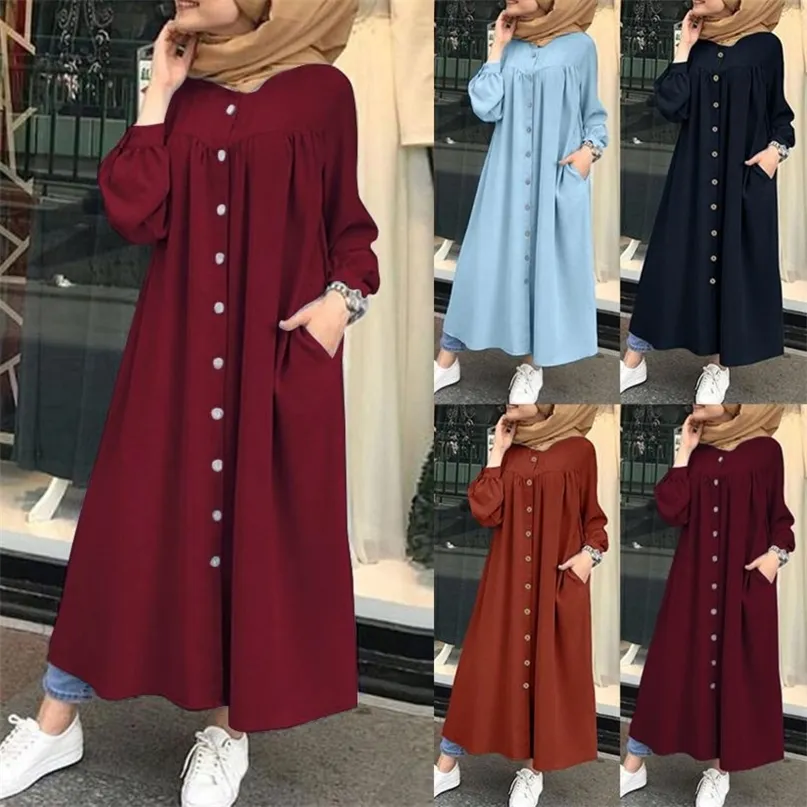 Casual Dresses 4XL Women Autumn Winter Long Puff Sleeve Buttons Pockets Loose Maxi Shirt Dress Robe Women's Vestidos Sundress 220913