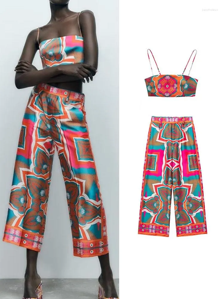 Kvinnors tv￥bitar byxor 2022 Summerwomen Fashion Print Camisole Shirts Long Set Female Wide Leg Street Outwear Mujer