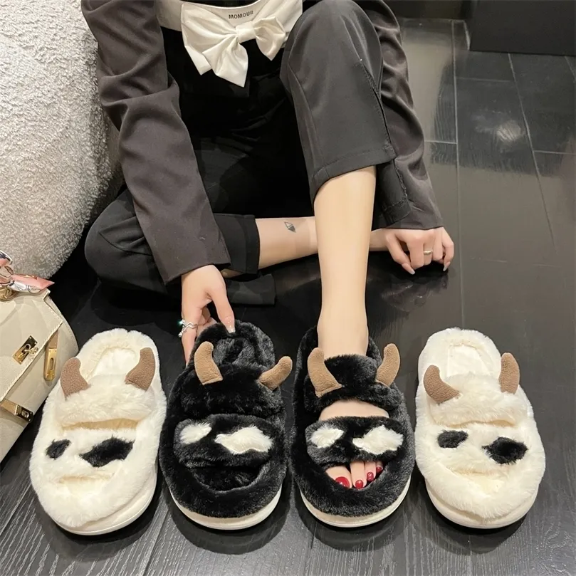 Pantoufles Femmes maison pantoufles intérieur confortable en peluche coton diapositives chaud hiver doux bas chaussures mignon dessin animé vaches antidérapant pantoufle 220913