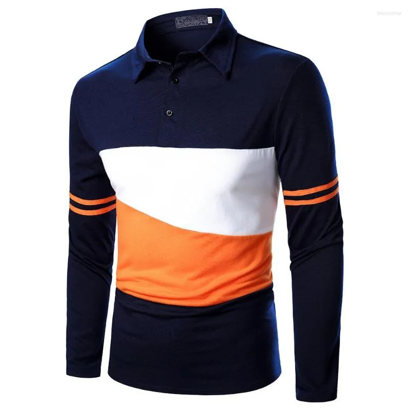 Polo da uomo Camicia da uomo con cuciture a tre colori Colletto rovesciato Manica lunga Casual Streetwear Top Teeshirt Homme