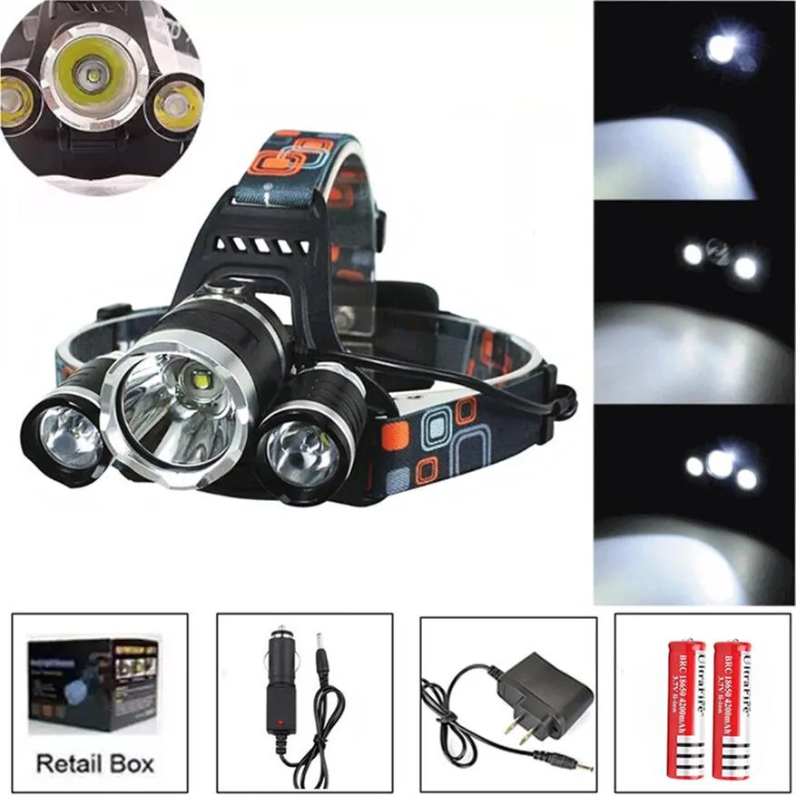8000Lm CREE XML T6 R5 LED Headlight Headlamp Head Lamp Light 4-mode torch 2x18650 battery EU US AU UK Car charger for fishing Lights3279