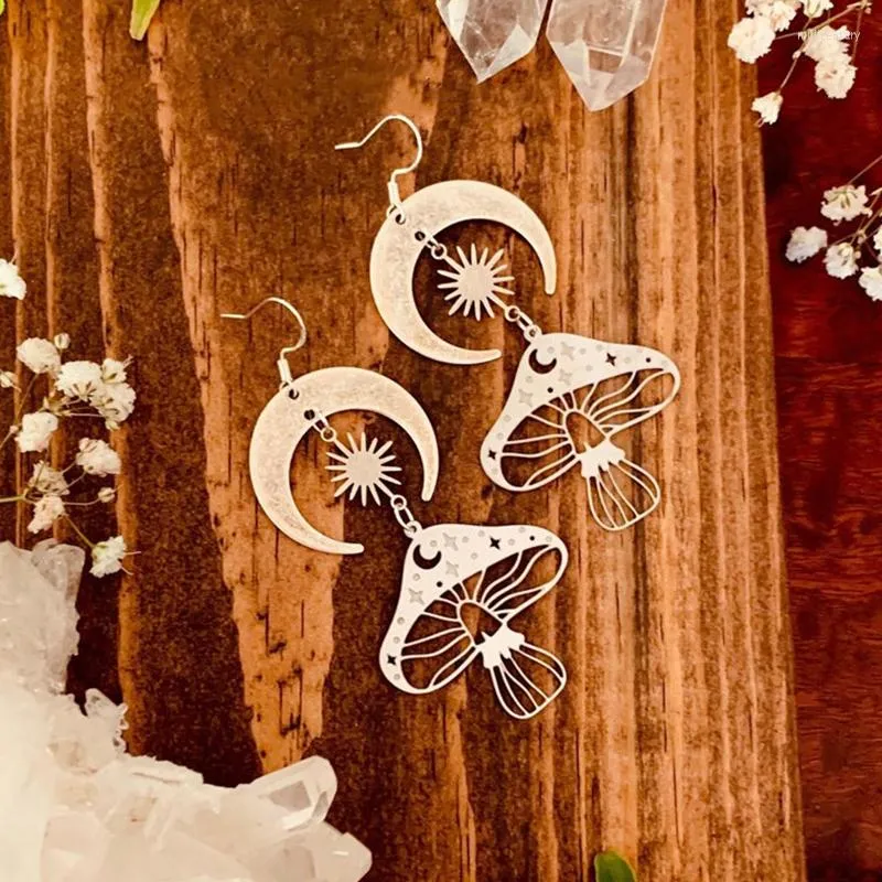 Kolczyki Dangle Sun Moon grzyb hipoalergiczny biżuteria botaniczna moda