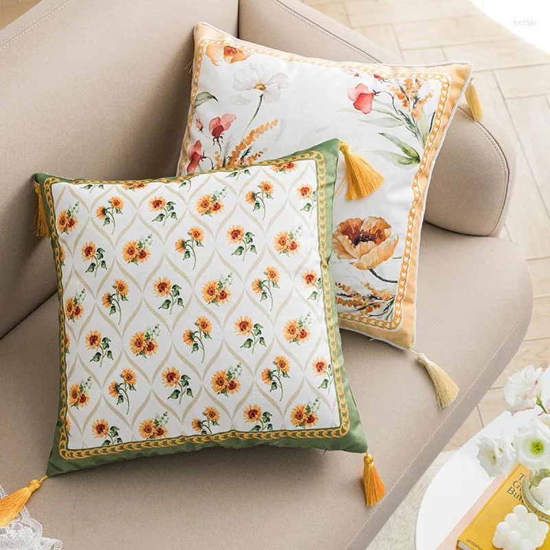 Pillow Boho Floral Cover Tassels Lace Velvet Case Home Decor American Style Green White Decorative Pillows Sofa 45 45cm