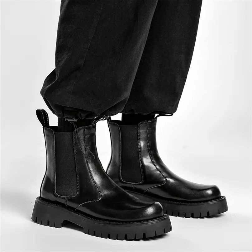 Boots Men Black Men Chelsea Split Leather Macho Slip na plataforma de tornozelo Sapatos casuais redondos de dedo do pé de lazer 220913