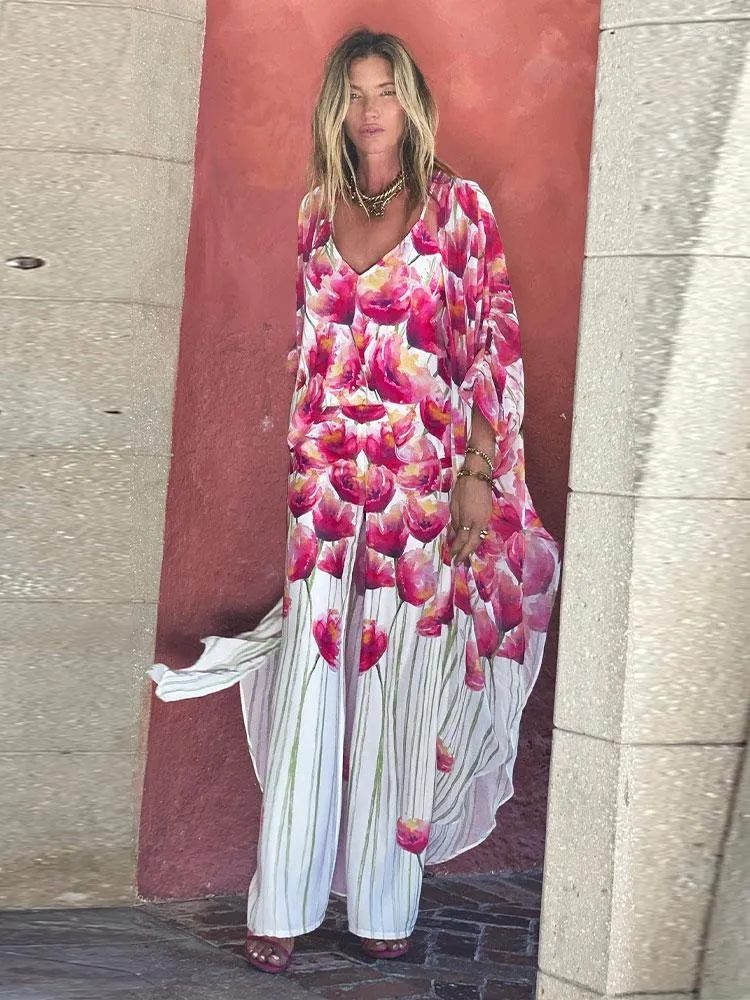 Kvinnors badkläder Bohemian Pink Rose Print Tunic Long Chiffon Kimono Sexig Beach Wear 2022 Sommarkläder för kvinnors toppar och blusar Skjortor