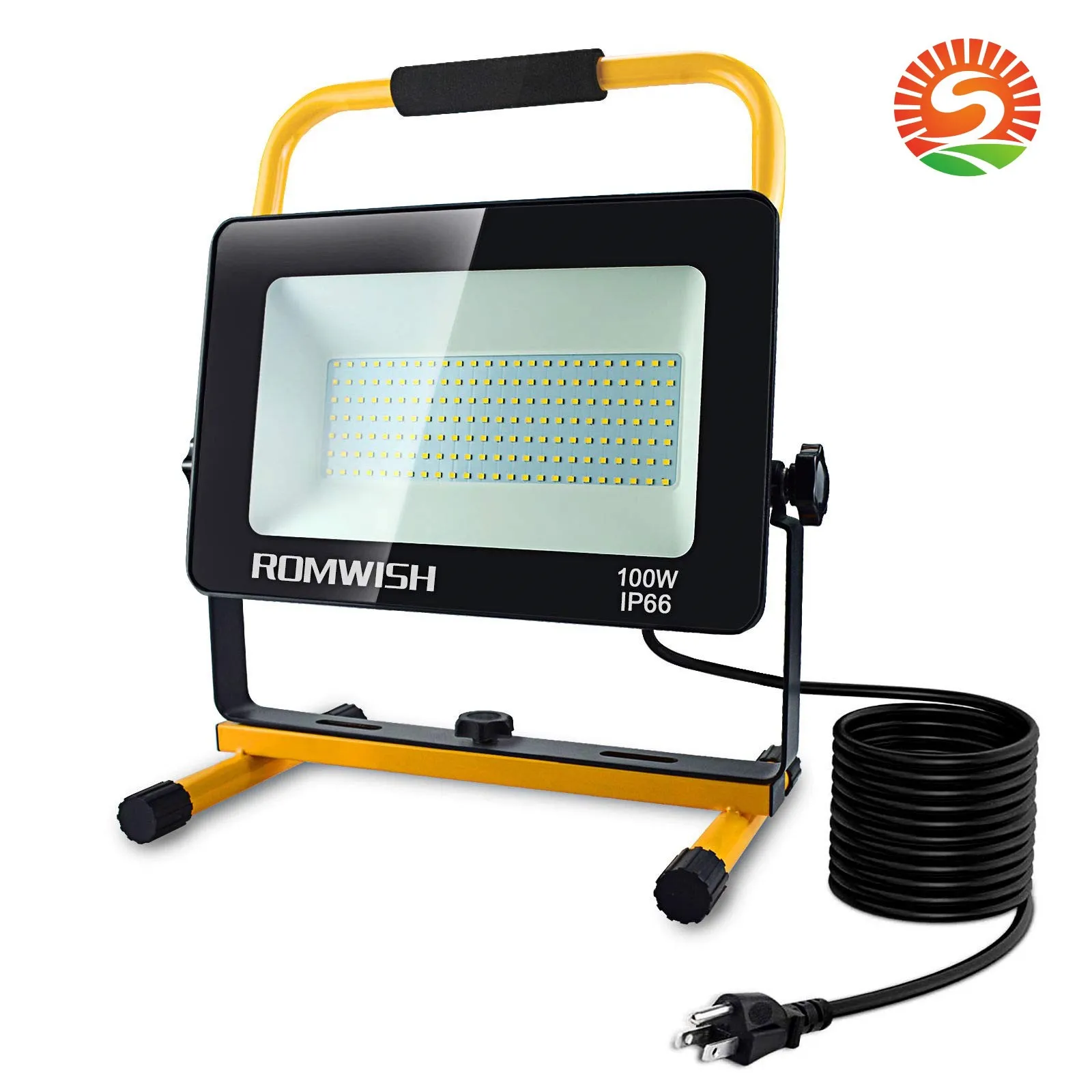 CNSUNWAY 100W LED Floodlight 10000LM Super Bright Work Light 2 Brightness Modes IP66 Waterproof 16.4FT Power Cord 5000K Daylight Portable Worklights with Stand