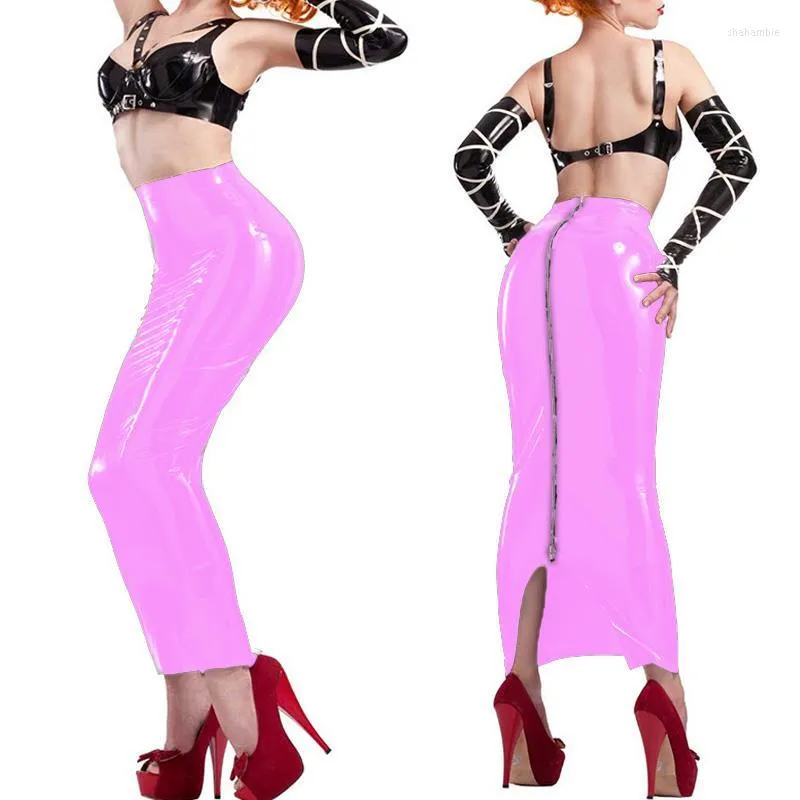 Jupes Sexy PVC En Cuir Moulante Crayon Jupe Zip Taille Haute PU Brevet Long Faux Latex Clubwear Serré Brillant VêtementsJupes