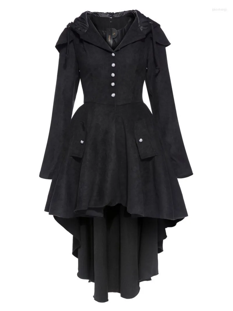 Damesgeuljassen dames gotische zwarte vrouwen jas capuchon met lange mouw pocket dikke slanke middelste lengte veter bowknot vintage vrouw
