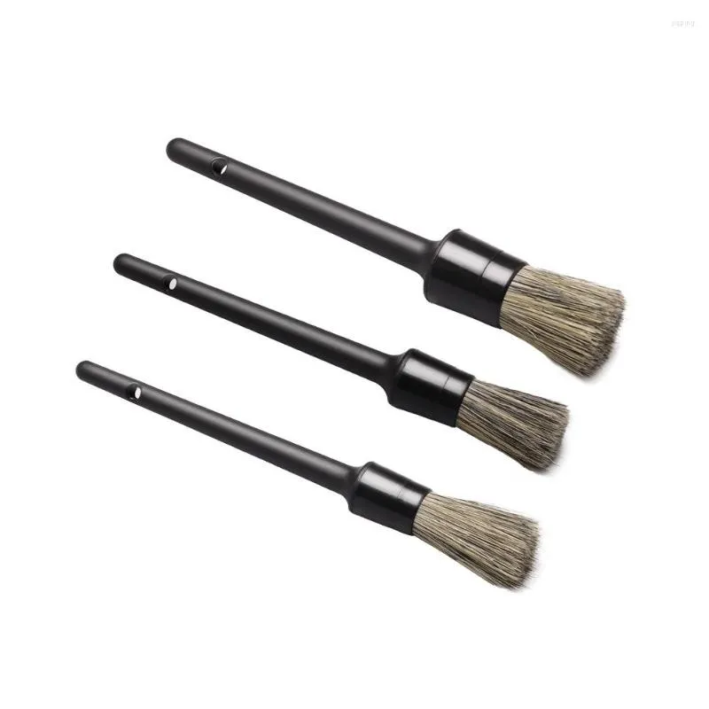 Bilsvamp 3st Natural Boar Hair Detailing Brush Set Soft Borstle Cleaning Kits Tire Wheel Wash Exteriör Tillbehör